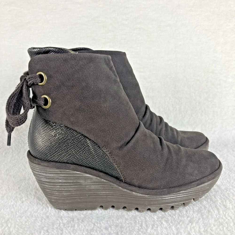 Fly London Yama Women's Suede Wedge Ankle Boots EU 37 US‎ 6.5-7  Gray Boho
